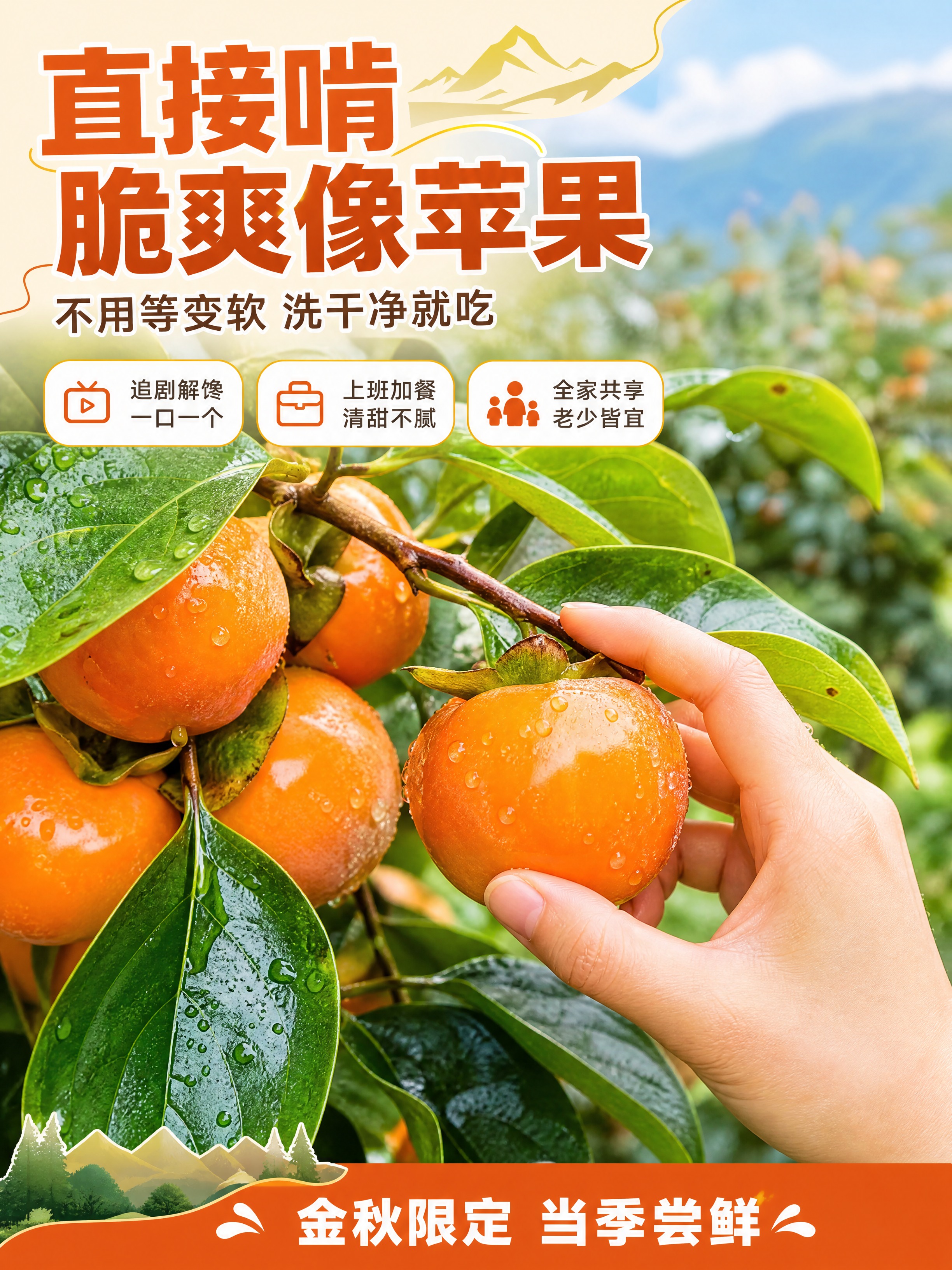 [商品] 使用【图2】近景脆柿挂枝特写，橙红饱满果实带水珠、深… - 图片创意预览