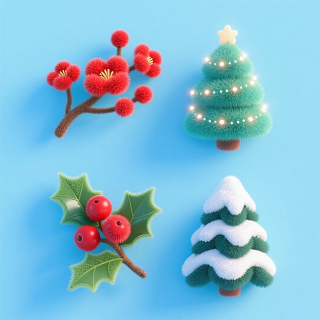4个冬季植物元素，分别是点缀装饰的圣诞树、一枝红梅、冬青、雪杉。上下两行对齐排列，浅蓝色纯色背景。
