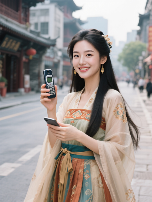 镜头中景，身穿唐代精美服饰的年轻女子，手持现代大哥大手机，表情微微笑，站在城市街道中央。预览效果