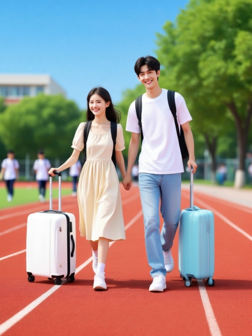 两个充满活力的大学生——女生穿浅米色连衣裙裙子，身旁是顶有背包的白色拉杆箱；男子穿白色半袖、浅蓝色牛仔裤裤子，背着背包，拉着浅蓝色绿色拉杆箱——行走在红色校园跑道上。背景是蓝天、绿树、操场，远处隐约可预览效果