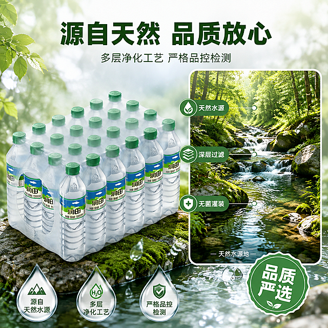 [主图-2] 润田纯净水水源地与品质溯源图，天然健康信任背书。
[氛围风格] 自然清新的水源地氛围，真实可信，突出天然纯净的品质感。
[画质] 商业摄影质感、光线自然通透、产品清晰真实、画面干净高级。
[元素] 画面左侧是润田纯净水整箱装（24瓶塑封包装），瓶身标签清晰，绿色瓶盖整齐；右侧是画中画形式的天然水源地实景：清澈的山间溪流，水流从岩石间流过，周围是翠绿的山林和苔藓，阳光透过树叶洒在水面上形成光斑，水底鹅卵石清晰可见。画中画边框为细白色圆角，下方标注"天然水源地"小字。画面中散布3-4个水滴形状的透明图标，分别对应不同品质点。**保持润田纯净水整箱的外观（即物理结构、材质质感、颜色、标签设计）与输入产品图保持绝对一致，杜绝任何变形和色差，精细化处理**。商品主体占比约55%；画面满屏无边框。
[光影] 自然山林间的漫射光，柔和明亮，水流有通透的高光，瓶身有自然反光，整体色调清新自然。
[配色] 主色山林绿与水蓝；辅色白色、浅灰；强调色阳光金。
[视角构图] 平视角度，产品在左、水源地场景在右形成左右构图；景深中等，产品清晰锐利，背景水源地有自然景深。
[文字版式] 顶部居中大标题："源自天然 品质放心"，深绿色粗体无衬线字，下方小字辅助："多层净化工艺 严格品控检测"。画面右侧水源地场景旁用引线连接三个品质点，从上到下：「天然水源」「深层过滤」「无菌灌装」，每个品质点配一个小图标，白色字配深绿色圆角小底。底部右侧绿色徽章式圆形标识："品质严选"，白色字。
[输出要求] 1:1比例，文字清晰锐利，画面超高清商业摄影质感。
[负向提示词] 变形，文字错乱，产品图模糊，背景杂乱，水印，电商平台Logo，多余的手，多余的手指，畸形手，融合手指，手部扭曲，肢体穿模，人物面部扭曲，关节反折。