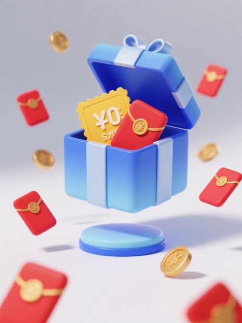 3D立体风格电商促销图标，白色背景，主体为一个蓝色渐变的方形礼盒，礼盒顶部打开，露出黄色的优惠券和红包，礼盒下方有一个蓝色渐变的按钮，周围有多个红色的红包和金色的硬币以动态悬浮的方式散落，整体光影柔和，带有细腻的高光和轻微的阴影，营造出欢快、喜庆的促销氛围，色彩鲜明，视觉层级清晰，突出礼物和优惠的核心元素，具有强烈的电商促销感和吸引力。预览效果