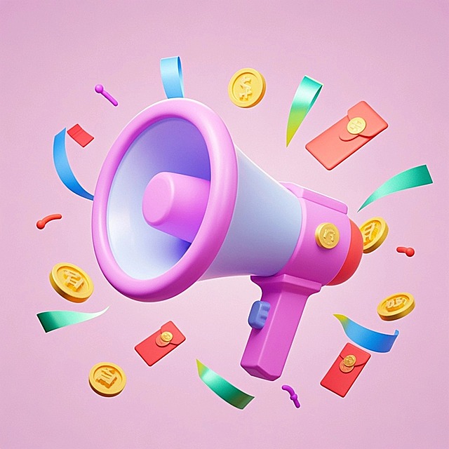 一个粉色喇叭，周围有彩带、红包、金币，背景纯色