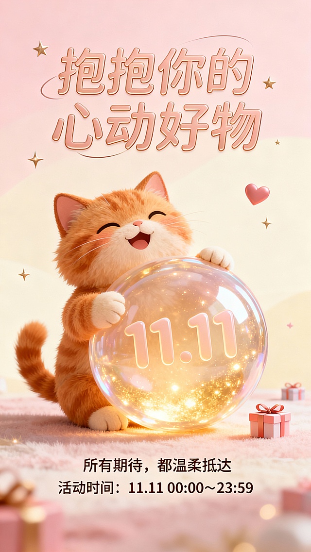 灵感源于宠物带来的纯粹温暖与治愈力。我们让毛茸茸的橘猫化身主角，拥抱象征惊喜与优惠的发光“11.11”球体。通过柔和的渐变色彩、微小的星光与礼物，营造出一个柔软梦幻的童话场景，将购物的期待感转化为情感上的共鸣，传递出“美好生活，触手可及”的温暖讯息。