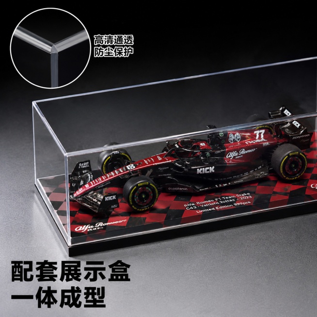 [主图-3] F1赛车车模亚克力展示盒细节展示图
[氛围风格] 配件细节展示，品质种草
[画质] 微距商业摄影、细节清晰锐利、材质纹理真实、画面质感高级
[元素] 画面主体展示全透明亚克力展示盒的边缘预览效果
