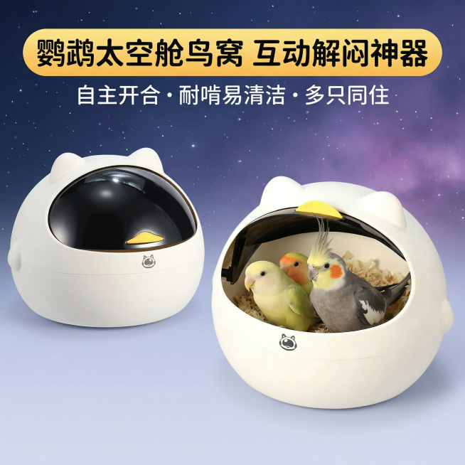 1:1竖版电商主图，萌趣科技养宠风，严格还原鹦鹉太空舱鸟窝，包括米白色主体、黑色透明舱盖、黄色鸭嘴装饰、正面卡通logo等所有细节，产品尺寸比例1:1，与场景协调无突兀感。主视觉：两款鸟窝（开盖状态预览效果
