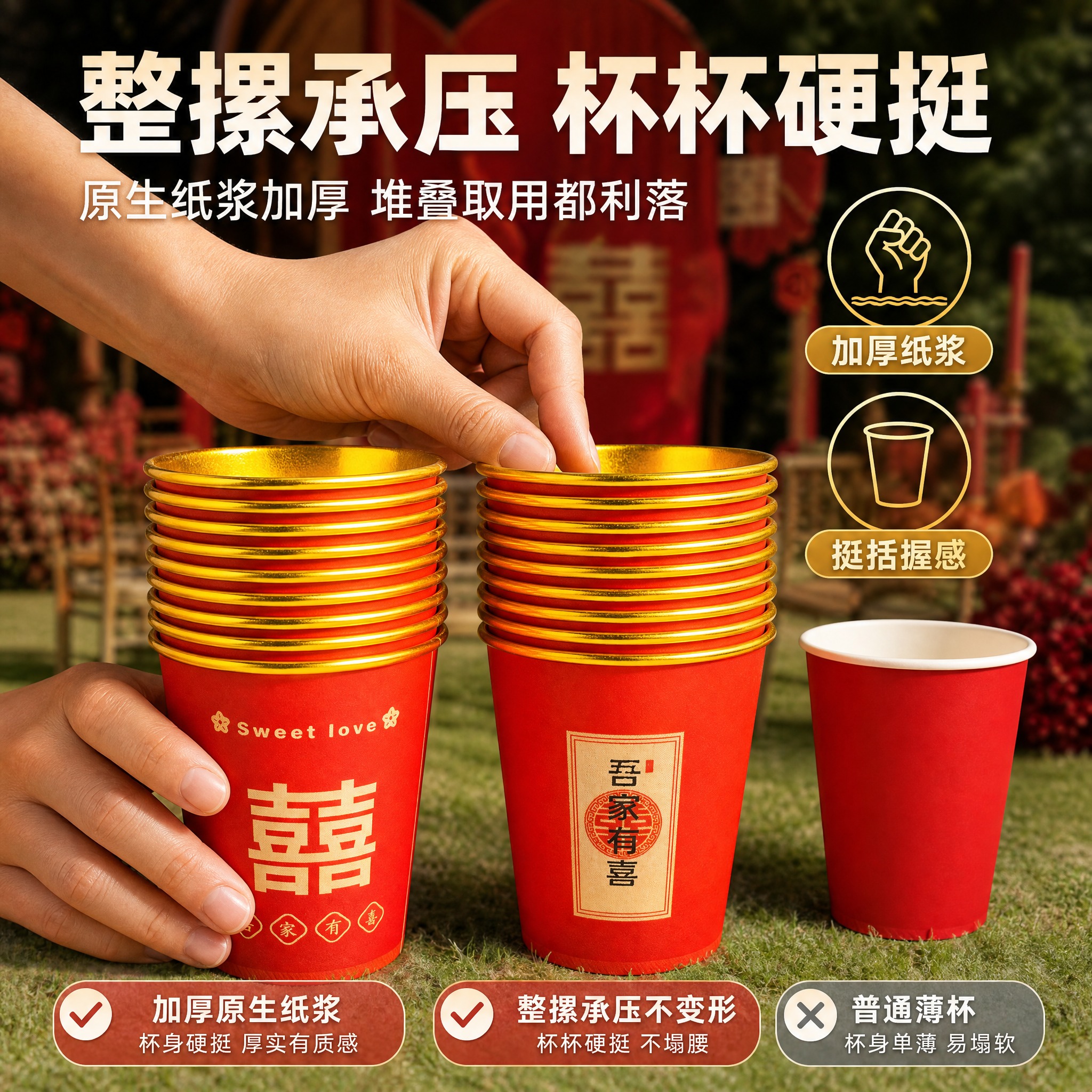拼多多主图3，正红色加厚金箔一次性纸杯双款组合装（红色喜字款+… - 图片创意预览