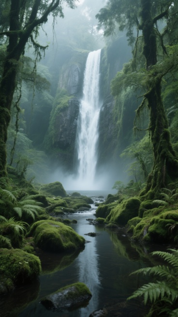 一座宏伟的白色瀑布从陡峭的岩壁上倾泻而下，水流撞击底部形成白色水雾，周围是茂密的原始森林，高大的树木枝叶繁茂，藤蔓缠绕，阳光透过树叶的缝隙洒下斑驳的光影，地面覆盖着厚厚的青苔和蕨类植物，一条小溪流过布满青苔的岩石，水面平静倒映着周围的景色，整体画面呈现出神秘而宁静的氛围，光线柔和，色彩以深绿色和青绿色为主，带有自然的雾气效果，超写实摄影风格，细节丰富，景深明显，营造出沉浸式的自然景观体验。预览效果