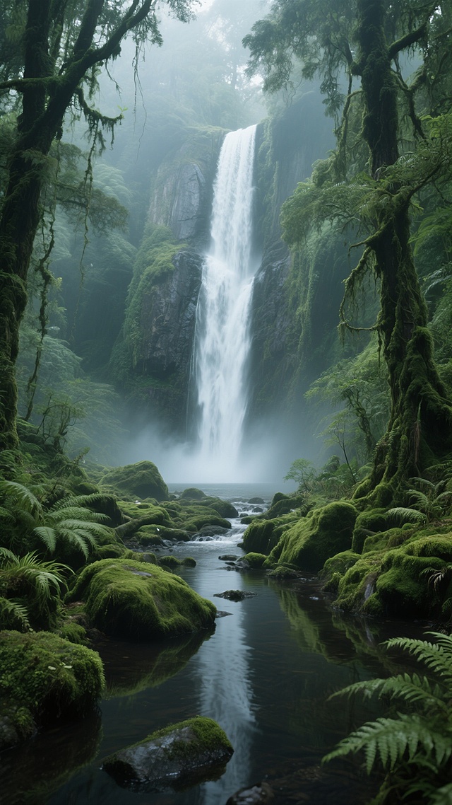 一座宏伟的白色瀑布从陡峭的岩壁上倾泻而下，水流撞击底部形成白色水雾，周围是茂密的原始森林，高大的树木枝叶繁茂，藤蔓缠绕，阳光透过树叶的缝隙洒下斑驳的光影，地面覆盖着厚厚的青苔和蕨类植物，一条小溪流过布满青苔的岩石，水面平静倒映着周围的景色，整体画面呈现出神秘而宁静的氛围，光线柔和，色彩以深绿色和青绿色为主，带有自然的雾气效果，超写实摄影风格，细节丰富，景深明显，营造出沉浸式的自然景观体验。