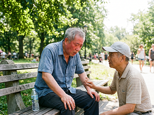 夏季午后公园，一位老年人满头大汗、面色通红地坐在路边长椅上大口喘气，手撑膝盖显得疲惫不堪，旁边有散步的老友关切地看向他，远处是高温下有些晃眼的阳光，横版，写实温馨风格