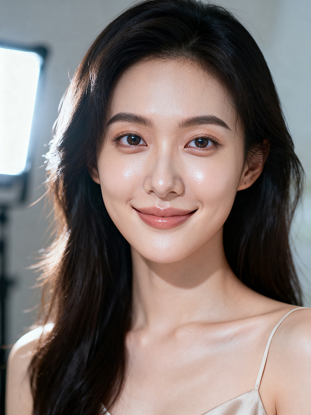 生成一个女性模特，年龄23岁以上，人物五官立体，面带浅浅的微笑，眼睛明亮有神，皮肤水润有光泽，真实白皙细腻，高清人像摄影，写实风格