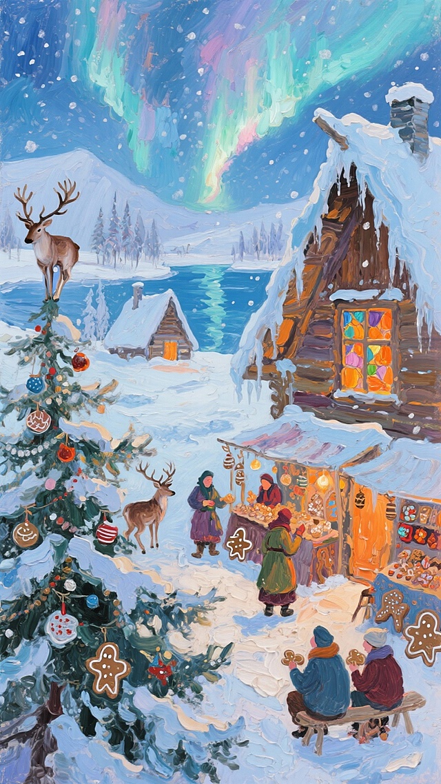 插画风厚涂油画，梦幻极光映雪夜，温馨圣诞市集，卡通人物与驯鹿共度喜庆冬日，微缩艺术感十足。