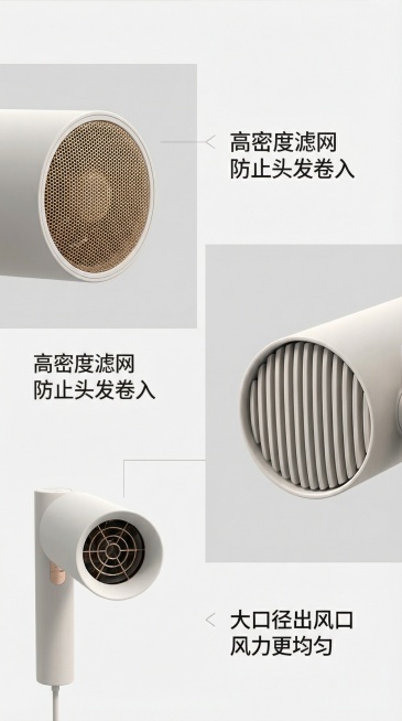 做出关于吹风机的详情页，必须要用每一张的吹风机素材，宽度750像素预览效果