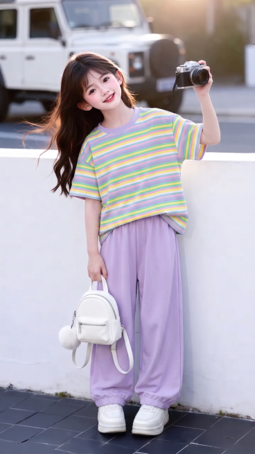 用图1的短袖和裤子替换图2的人物穿的衣服裤子，保留原场景光影，保持图2的人物的五官和发型不变，图片宽高尺寸不变，背景不变，鞋子不变，人物姿势不变，保持图1的短袖和裤子的款式材质不变和颜色不变预览效果