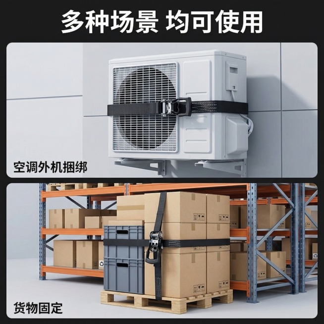 [主图 7] 多种安装场景适配展示
[氛围/风格] 多场景拼图展示，干净清晰，光影统一。
[画面元素] 拼图布局，分为上下两个场景：上图展示捆绑空调外机安装效果，下图展示捆绑货架固定效果，本款产品保留预览效果