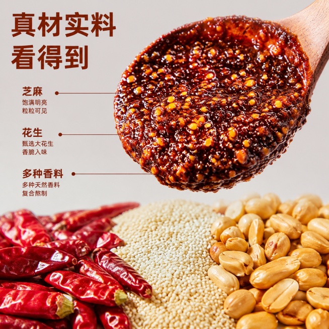 [主图-2] 鼎香坊精品辣酱核心成分展示；
[氛围风格] 真实食材质感，通透诱人食欲风；
[画质] 商业摄影质感，微距细节清晰，食材干净新鲜，光影层次丰富；
[元素] 画面分上下构图，上半部分是舀满辣预览效果