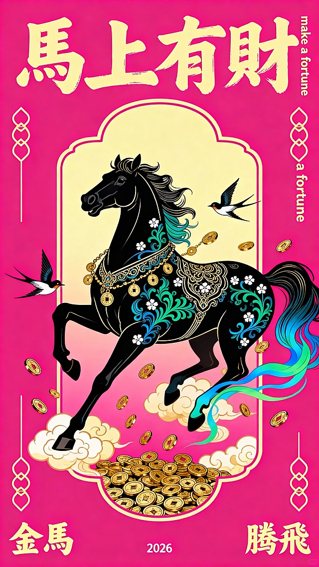 纯扁平风，国潮风描边插画，极繁，丰富细节的国潮插画，扁平插画。高饱和度玫红色纯色背景。主体是一匹腾跃在空中的黑色骏马，采用繁复华丽的装饰性线条勾勒轮廓，马身飘逸着几串钱币，有许多小钱币环绕马身，有蓝绿色缠枝花纹、白色小花纹样，马尾与腿部延伸出蓝绿渐变的飘逸飘带，整体充满动感，马周围有两只飞翔的燕子，马背后有国风形状的长方形框景（高饱和玫红色渐变浅黄色，框里是祥云，向外飞散的钱币），许多密实的祥云团环绕马腿。
文字排版：
顶部：浅黄色手写书法字体 “馬上有財”，笔触有力
左下角：浅黄色小字 “金馬”
右下角：浅黄色小字“騰飛”
底部中央极小：白色数字 “2026”
右上侧边缘：竖排浅黄色小字英文 “make a fortune”，
左下侧边缘：竖排浅黄色小字英文 “make a fortune”。
画面边上点缀浅黄色对称的国风图形、线条，整体色彩对比强烈，以黑、金、玫红、蓝绿为主，营造热烈富贵、充满国风韵味的视觉效果，适合作为马年春节招财装饰画。