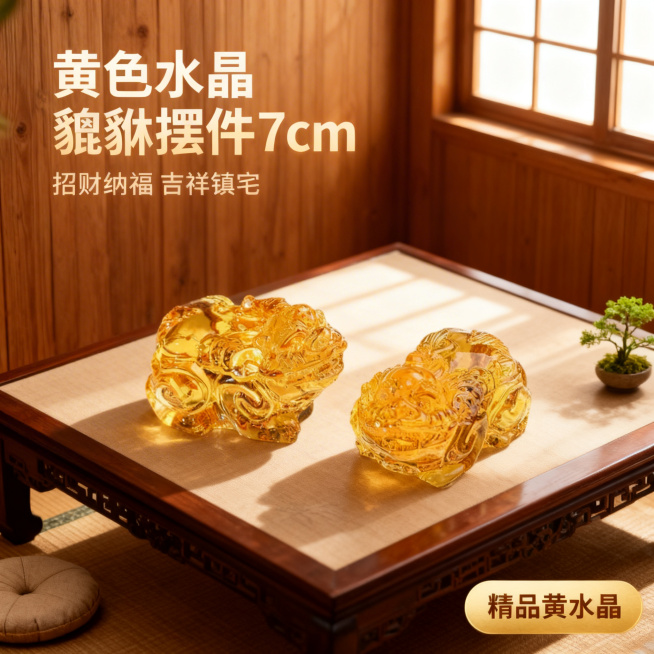 [主图 1] 首图招财进宝场景展示
[主图主题] 黄色水晶貔貅招财摆件
[氛围/风格] 新中式轻奢招财风，暖调柔和自然光，质感通透
[画面元素] 两只黄色水晶貔貅摆件居中放置在中式禅意茶桌，搭配浅棕色预览效果