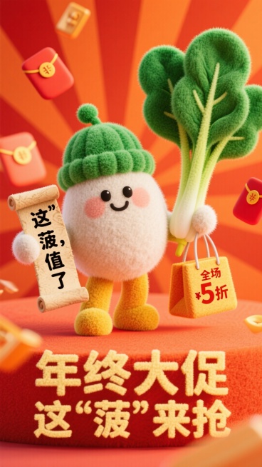 主视觉为可爱菠菜小人手持卷轴，写有 这“菠”值了，旁边放着一个购物带，挂着一个带“全场5折”的标签，促销感橙红背景，放射线、红包元素点缀，画面下方3D文字标签“年终大促 这‘菠”来抢。预览效果