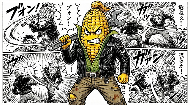 生成类似前面人物，后面黑白漫画分镜的图片，前面角色是一个玉米拟人的卡通角色，服装是机车族和恶霸风格，手持扳手，背后是他在战斗的黑白漫画分镜