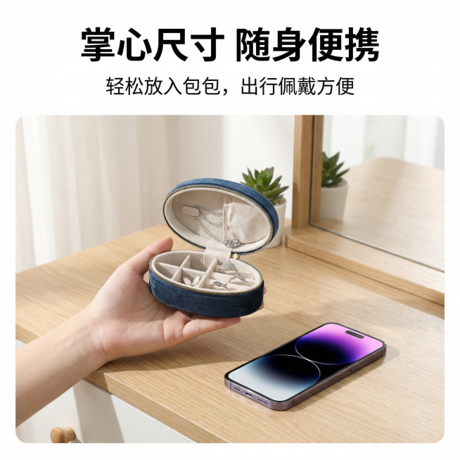 基于原图生成第四张藏青丝绒椭圆形首饰收纳盒的1:1电商主图，整体风格简约唯美，干净明亮。展示女生单手持握收纳盒效果，搭配手机作为尺寸参照，直观展示精致小巧的体积特点，背景为简约卧室梳妆台场景，柔和自然预览效果