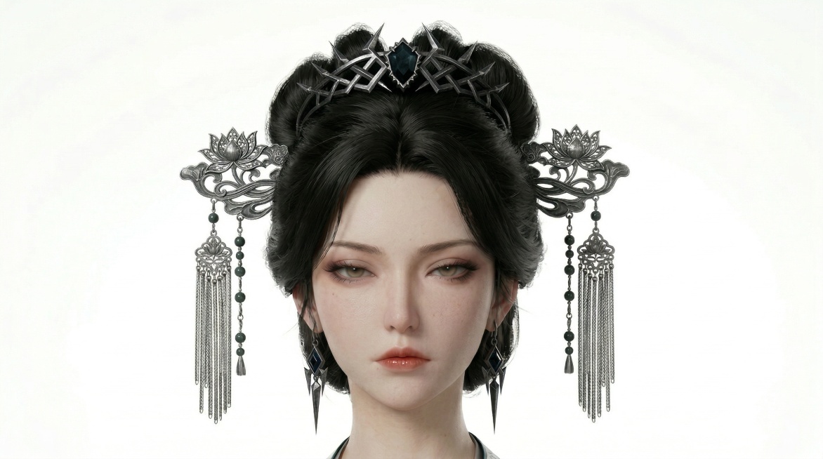 不改变角色面部，重新生成角色的发饰，保留PBR材质肌肤，质感细腻效果，保持白色背景预览效果