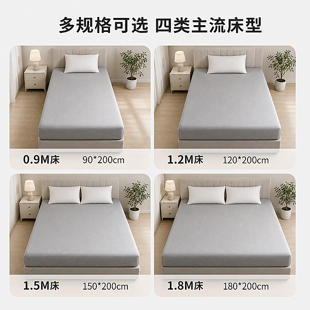 [主图-4] 床笠多规格尺寸展示主图。
[氛围风格] 清晰规整，实用信息展示
[画质] 商业摄影质感、光线柔和通透、产品清晰真实、画面干净高级
[元素] 画面整齐排列四种主流床型尺寸的床笠缩略展示，分别为0.9M床、1.2M床、1.5M床、1.8M床，每个尺寸对应清晰标注名称和长宽参数：0.9M床 90*200cm，1.2M床 120*200cm，1.5M床 150*200cm，1.8M床 180*200cm。所有床笠均为统一纯色，保持材质一致，排列整齐不拥挤
[光影] 均匀柔和光线，每个尺寸展示清晰，参数文字清晰不模糊
[配色] 浅灰白底，深色标注文字，对比清晰易读
[视角构图] 网格整齐排列，四平八稳构图，每个格子尺寸一致，对齐工整
[文字版式] 顶部居中标题“多规格可选 四类主流床型”，每个尺寸格子内底部标注对应尺寸文字，文字清晰放在半透明浅底上，不遮挡产品
[输出要求] 1:1比例，文字清晰可辨，超高清商业摄影质感
[负向提示词] 变形，文字错乱，产品图模糊，背景杂乱，水印，电商平台Logo