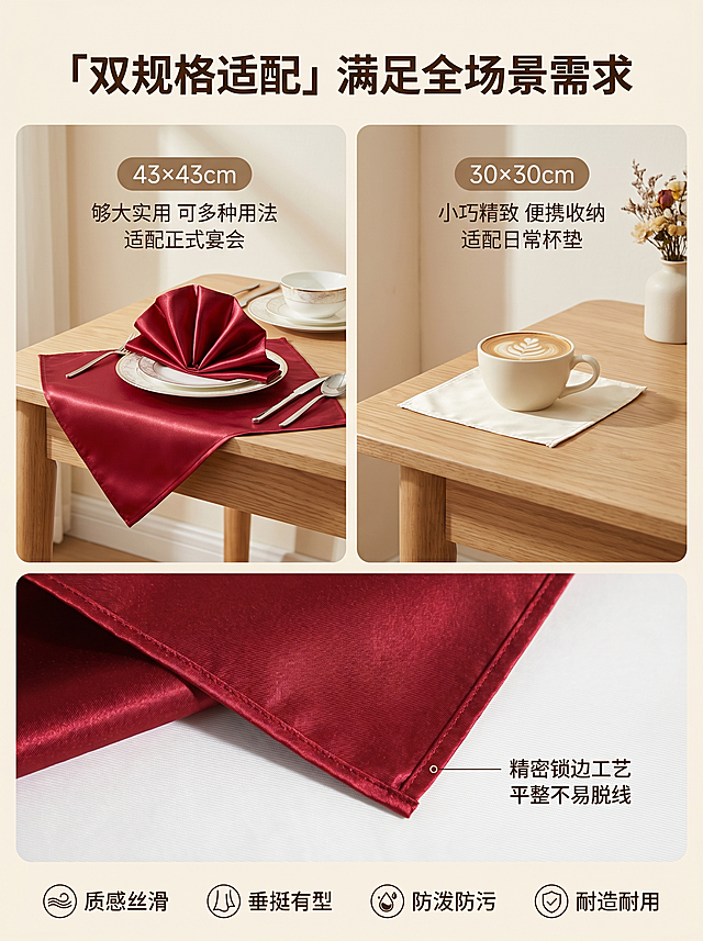 [详情图 2] 多规格多场景绸缎餐巾材质卖点展示
[氛围风格] 简约奶油风家居场景，温柔松弛生活氛围感
[画质] 商业摄影质感、光线柔和通透、产品清晰真实、画面干净高级。保持绸缎餐布外观、物理结构、材质质感、颜色与输入产品图绝对一致，杜绝任何变形和色差，精细化处理。
[元素] 画面使用左右分栏布局，左侧展示43×43cm酒红色亮面餐巾折成扇形铺在新中式木质餐桌上，搭配骨瓷餐具；右侧展示30×30cm奶白色哑光餐巾作为杯垫摆放着咖啡杯，背景为原木餐桌和浅奶白色墙面，角落搭配干花装饰。画面下半部分特写展示精密锁边工艺和丝滑缎面纹理，突出细节品质。
[光影] 上午柔和自然光，主光均匀照亮整个场景，材质纹理清晰，光影层次温柔，突出哑光细腻和亮面光泽对比
[配色] 主色调酒红、奶白、原木浅棕，整体低饱和温柔配色
[视角构图] 平视视角，景深适中，左右布局均衡主体突出
[文字版式] 顶部居中主标题 “「双规格适配」满足全场景需求”，深棕色大号粗体；左右分栏标注规格：左侧标注 “43×43cm” “够大实用 可多种用法 适配正式宴会”，右侧标注 “30×30cm” “小巧精致 便携收纳 适配日常杯垫”；下半部分特写区标注 “精密锁边工艺” “平整不易脱线”，纤细引线指向锁边位置；底部通栏排列 “质感丝滑” “垂挺有型” “防泼防污” “耐造耐用” 四个核心卖点，每个卖点带小图标，排版整齐不遮挡主体，字色与背景对比清晰。
[比例分辨率] 3:4 比例，2k 分辨率，文字清晰可辨，超高清
[负向提示词] 变形，水印，文字错乱，产品图模糊，背景杂乱，文字遮挡主体