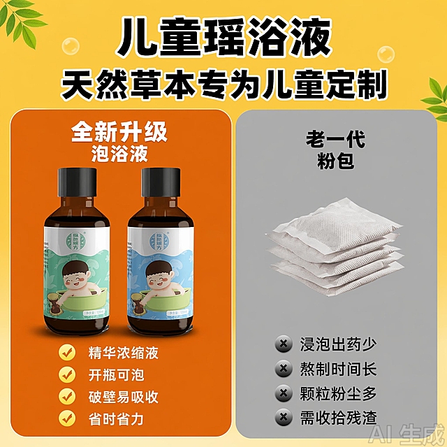 [主图-4] 儿童瑶浴液升级对比主图
[氛围风格] 清晰对比，信息直观，母婴清新自然风格
[画质] 对比清晰，色彩明快，文字锐利，超高清
[元素] 画面左右对比布局，左侧橙色区域展示本品两瓶儿童瑶浴液（绿色款和蓝色款），保持产品外观、颜色、标签设计与输入产品图一致，右侧灰色区域展示老一代粉包，排列整齐。整体背景上方暖黄色，对比分区清晰，信息层级分明，留白充足不拥挤。商品保持原有结构颜色一致，精细化处理，杜绝变形色差
[光影] 整体光线均匀柔和，左右分区光影一致，产品清晰突出
[配色] 上方暖黄色背景，左侧橙色产品区，右侧灰色对比区，草木绿产品标签点缀，符合健康温暖定位
[视角构图] 居中对称对比构图，左右分区清晰，主体产品完整展示，信息排布有序
[文字版式] 顶部大标题：儿童瑶浴液 天然草本专为儿童定制，左侧区域标题：全新升级泡浴液，四个卖点：✅精华浓缩液 ✅开瓶可泡 ✅破壁易吸收 ✅省时省力，右侧区域标题：老一代粉包，四个对比点：✓浸泡出藥少 ✓熬制时间长 ✓颗粒粉尘多 ✓需收拾残渣，所有文字排版整齐，不遮挡产品主体，文字清晰可读，对比鲜明
[比例分辨率] 1:1比例，2048x2048px，2K分辨率，文字清晰锐利，超高清
[负向提示词] 变形，文字错乱，产品模糊，背景杂乱，水印，医疗黑词（治疗调理驱寒去火药效），电商平台Logo，模糊不清低像素