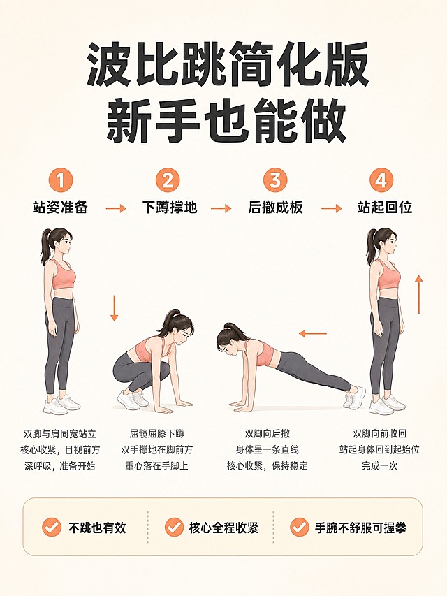 [主图-动作2] 主题：波比跳简化版动作拆解 核心任务：用步骤图讲清简化版波比跳的正确做法，降低门槛、突出零基础也能练，与既有暖白风格完全一致。
[统一基调] 暖白风格，整体米白与浅奶杏色为主背景，点缀少量暖橙与浅珊瑚色作为强调色；字体用简洁无衬线粗体，标题字色为深炭灰，辅助文字为中灰，强调数字或关键词用暖橙色；卡片用圆角轻描边，图标为线性简约风，整体干净通透、有小红书原生笔记感，不做厚重电商广告风。
[画面] 画面上方居中放主标题“波比跳简化版 新手也能做”，下方分四步横向排列：第1步“站姿准备”、第2步“下蹲撑地”、第3步“后撤成板”、第4步“站起回位”。每一步配一个做对应阶段动作的女生全身插画，动作标准清晰，用箭头指示运动方向；步骤编号用暖橙色圆形底白字突出。画面底部加一个横向圆角提示条，写3个动作要点：“不跳也有效”“核心全程收紧”“手腕不舒服可握拳”，每个要点前配小对勾图标。人物形象与既有减脂动作系列保持一致：马尾、运动背心、紧身裤，风格统一。
[光影质感] 柔和均匀光，人物插画干净利落，步骤之间用细箭头连接形成流程感；背景保持暖白渐变，无多余杂物。
[配色] 背景暖白，步骤编号圆底暖橙白字，步骤标题深炭灰，说明文字中灰；底部提示条为浅奶白底加细边，文字深灰。
[文字版式] 主标题顶部居中最大最粗；四步横向等距排列，编号在上、人物在中、文字在下；底部提示条横向占画面宽度约85%，三要点均匀分布；所有文字横排，清晰可读，不遮挡人物关键动作。
[输出要求] 比例3:4，文字清晰，步骤逻辑清楚，动作标准；负向：禁止变形、错字、模糊、动作不规范、人物面部扭曲、水印、平台Logo。