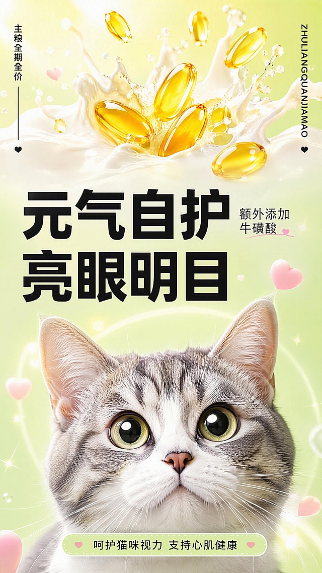 [第4张] 功效卖点页-牛磺酸亮眼明目元气自护。本张使用【图3】作为参考素材，提取猫咪和鱼油元素重新设计。
[氛围/风格] 温馨治愈风，浅黄绿渐变背景，突出猫咪健康活力，萌系可爱质感。
[元素布局] 画面下半部分是一只眼睛明亮有神的美短猫咪正面特写，猫咪眼睛大而明亮，眼神清澈；上半部分有鱼油胶囊飞溅在奶白色液体中的动态画面，金色胶囊晶莹剔透；背景为柔和的浅黄绿渐变，带有柔和光斑和爱心装饰；整体传递健康亮目的感觉。
[光影质感] 柔和正面光，猫咪毛发蓬松有光泽，眼睛有明显高光点，鱼油胶囊有通透质感。
[配色色系] 全局底色 #DCEDC8 浅黄绿渐变；主色浅绿色系；辅助色金黄色鱼油、奶白色液体、灰色猫咪；点缀色粉色爱心。
[视角构图] 上下分区构图，上半部分鱼油成分展示，下半部分猫咪效果展示，阅读动线从上到下。
[文字版式] 左侧竖排小字「主粮全期全价」，右侧竖排小字「ZHULIANGQUANJIAMAO」；中央超大号主标题「元气自护 亮眼明目」，粗黑方正字体；右侧副标题「额外添加 牛磺酸」；底部小字说明「呵护猫咪视力 支持心肌健康」；文字不遮挡猫咪脸部。
[比例分辨率] 9:16 竖版比例，4K 分辨率，文字清晰可辨，高清画质。
[负向提示词] 猫咪变形，眼睛无神，水印，文字错乱，颜色偏差，背景杂乱。