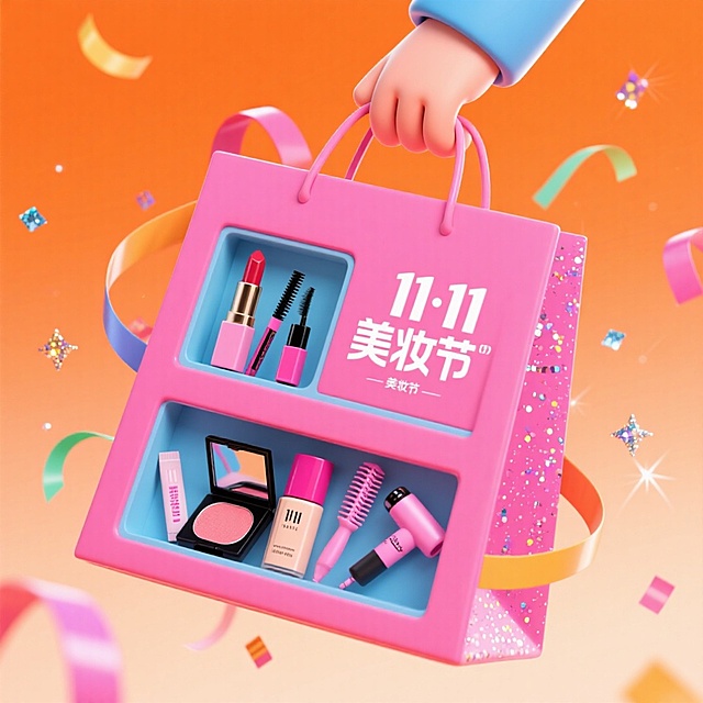 画面主视觉是一只手提着巨型粉色购物袋。购物袋内部设计成双层橱窗形式，展示着口红、眼影、睫毛膏、粉底液、腮红、卷发棒等。袋子上印着“11·11 美妆节”，周围环绕着彩带、闪粉、亮片等元素。电商橙色渐变背景。