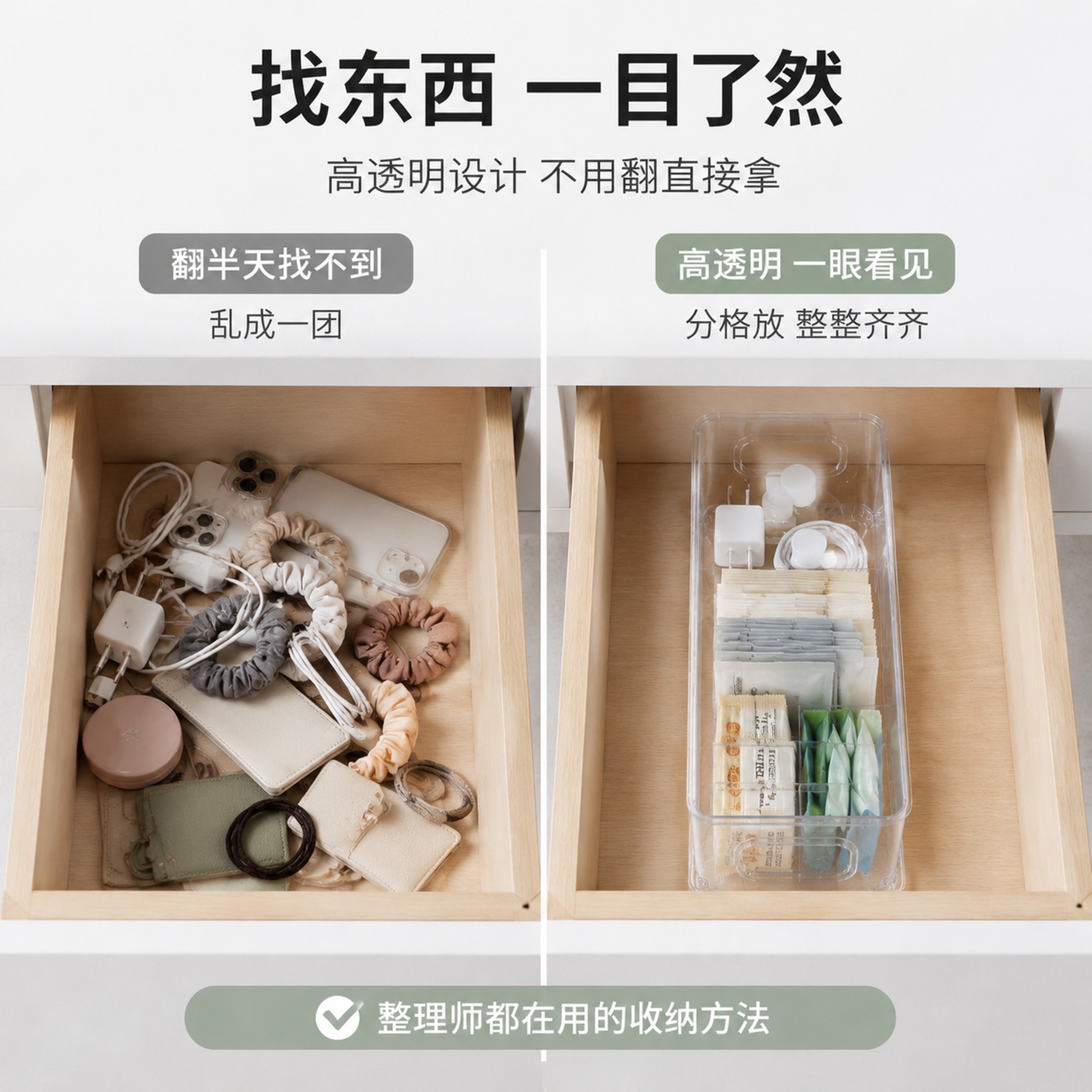 [主图-2] 核心亮点一目了然-高透明收纳前后对比。本张使用【… - 图片创意预览