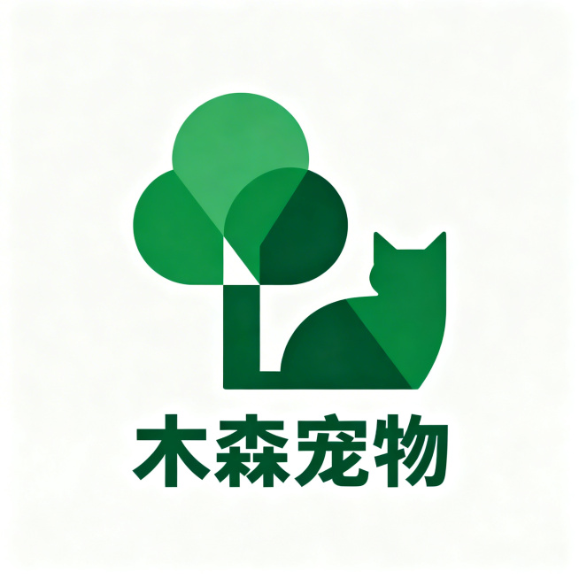 图形标Logo设计，木森宠物品牌，专注宠物窝产品。采用几何构建与布尔运算原则，将树木和猫咪轮廓结合，运用负空间技法，遵循黄金比比例，矢量扁平设计，自然木绿色，白色背景。极简风格，图形经过大小修正和重心预览效果