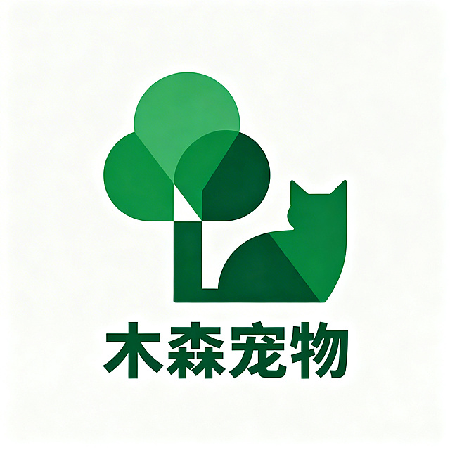 图形标Logo设计，木森宠物品牌，专注宠物窝产品。采用几何构建与布尔运算原则，将树木和猫咪轮廓结合，运用负空间技法，遵循黄金比比例，矢量扁平设计，自然木绿色，白色背景。极简风格，图形经过大小修正和重心修正，确保视觉平衡，适合作为头像使用