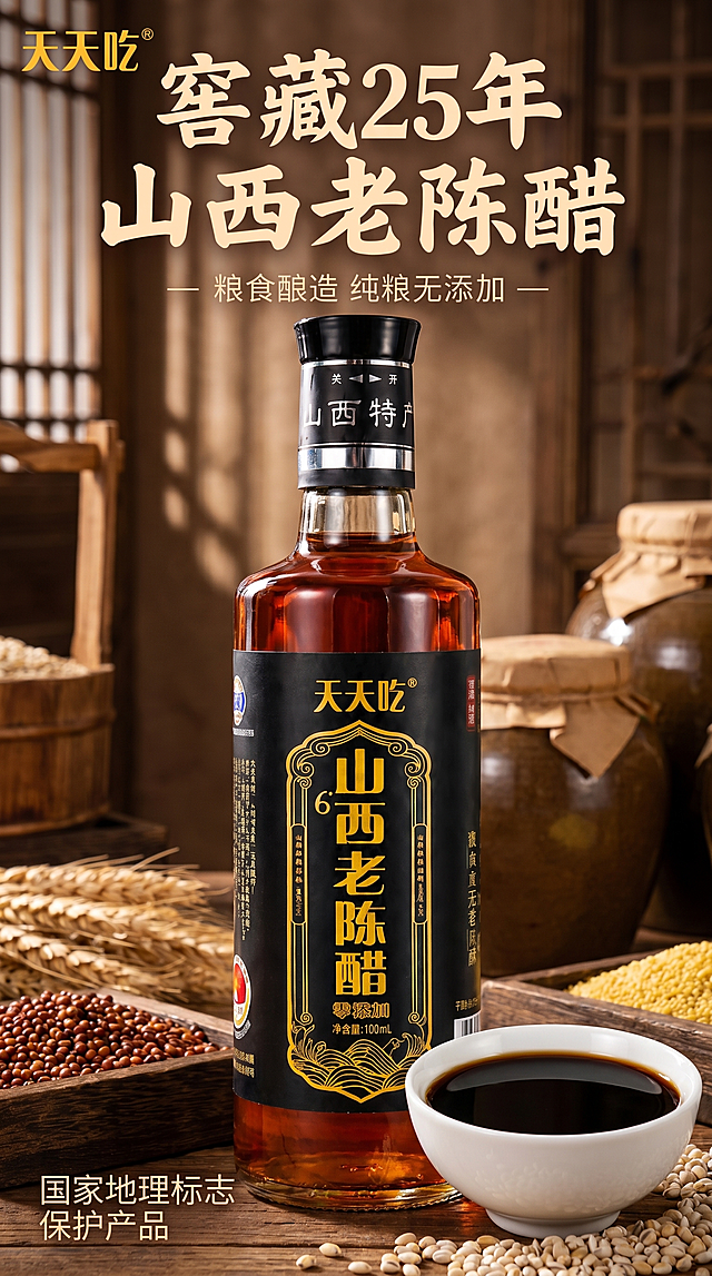 [主图 1] 窖藏25年山西老陈醋产品首图，突出古法纯粮酿造。[氛围风格] 传统国风质感，浓郁粮食酿造氛围，符合拼多多直白大字风格。[画质] 商业摄影质感、光线柔和通透、产品清晰真实、画面干净高级。[元素] 天天吃山西老陈醋玻璃瓶产品居中饱满摆放，旁边搭配一碗盛出的老陈醋，周围散落高粱、大麦等粮食原料，背景融入质朴木桌和传统瓦缸酿造场景，左上角提取产品图原品牌“天天吃”Logo，保持原字形和配色不遮挡主体，保持产品外观物理结构、材质质感、颜色和输入产品图绝对一致，杜绝任何变形和色差，精细化处理。商品主体占比约65%，画面满屏无边框。[光影] 自然暖光从侧前方照射，突出老陈醋深褐色的通透质感，背景有自然光影层次，暗部有细节，整体通透不灰蒙。[配色] 主色深棕黑，辅色谷物金黄，品牌描金，对比清晰。[视角构图] 平视视角，前中后景分层，景深适中，产品轮廓完整不裁切。[文字版式] 顶部大字主文案“窖藏25年 山西老陈醋”，大字粗体浅米色，下方小字“粮食酿造 纯粮无添加”，左下角标注“国家地理标志保护产品”，文字大反差清晰易读，不遮挡产品主体。[比例分辨率] 9:16比例，2k分辨率，文字清晰可辨，超高清。[负向提示词] 变形，水印，文字错乱，产品图模糊，背景杂乱，文字遮挡主体。