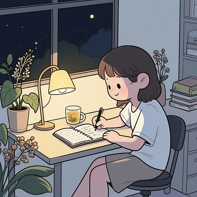 温馨柔和的插画风夜景，卡通女孩在灯下写手账，水彩质感营造舒适氛围，窗外星月点缀，尽显静谧与治愈。