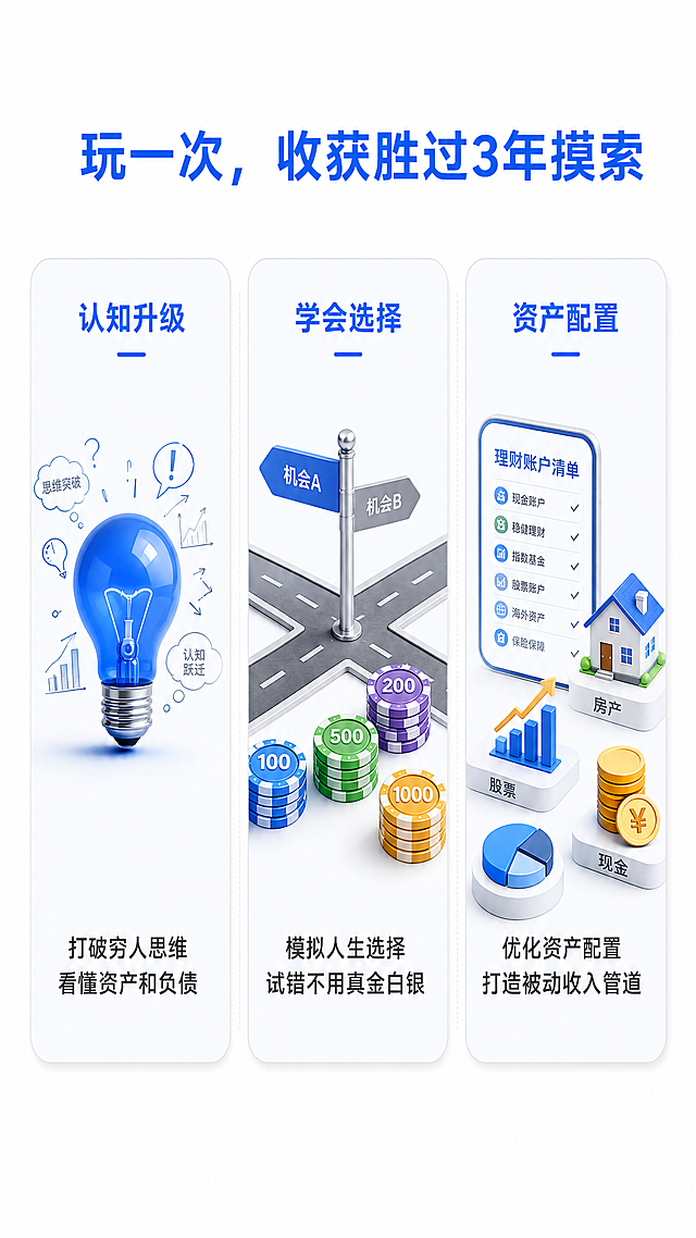 [第3屏] 详情页效果展示-玩完财商现金流沙盘游戏的改变。氛围风格：现代简约卡片风，轻快明亮，积极正能量，商业设计质感。元素布局：画面上方主标题，下方排列3张递进式卡片，每张卡片占画面三分之一宽度，上下留白均匀。第一张卡片展示 "认知升级"：卡片里摆放灯泡图标，旁边是头脑风暴示意图；第二张卡片展示 "学会选择"：卡片里摆放十字路口路标，旁边放不同金额的筹码；第三张卡片展示 "资产配置"：卡片里摆放理财账户清单和不同类别的资产模型；卡片之间用浅灰色分隔线分开，整体整齐清晰。光影质感：均匀明亮柔光，卡片有轻微阴影增加立体感，整体干净通透。配色色系：全局底色#FFFFFF（纯白），卡片底色#F8FAFC（浅灰），主色#165DFF（蓝色），文字#333333（深灰）。视角构图：竖版三栏排列，正面平视，清晰工整。文字版式：顶部主标题 "玩一次，收获胜过3年摸索"，蓝色加粗大字；每张卡片上方有小标题，下方一句总结卖点：第一个「打破穷人思维 看懂资产和负债的区别」，第二个「模拟人生选择 试错不用真金白银」，第三个「优化资产配置 打造被动收入管道」；每个卖点文字不超过15字，卡片内文字居中，清晰易读。比例分辨率：9:16竖版比例，4K分辨率，文字清晰可辨，超高清。负向提示词：卡片变形，图标扭曲，文字重叠，颜色混乱，背景脏污，水印。