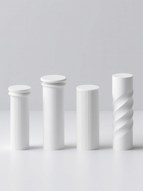 极简主义风格的3D渲染图像，展示四个完全不同造型的白色圆柱元素系列集合，每个圆柱拥有独特的设计细节（如不同的顶部形状、侧面纹理、高度比例或装饰性凹槽），所有圆柱以规整的网格状排布在纯白色纯色背景上，保持柔和均匀的光影效果，平滑的材质质感，清晰的边缘过渡，整体呈现出简洁、现代、统一的设计感。预览效果