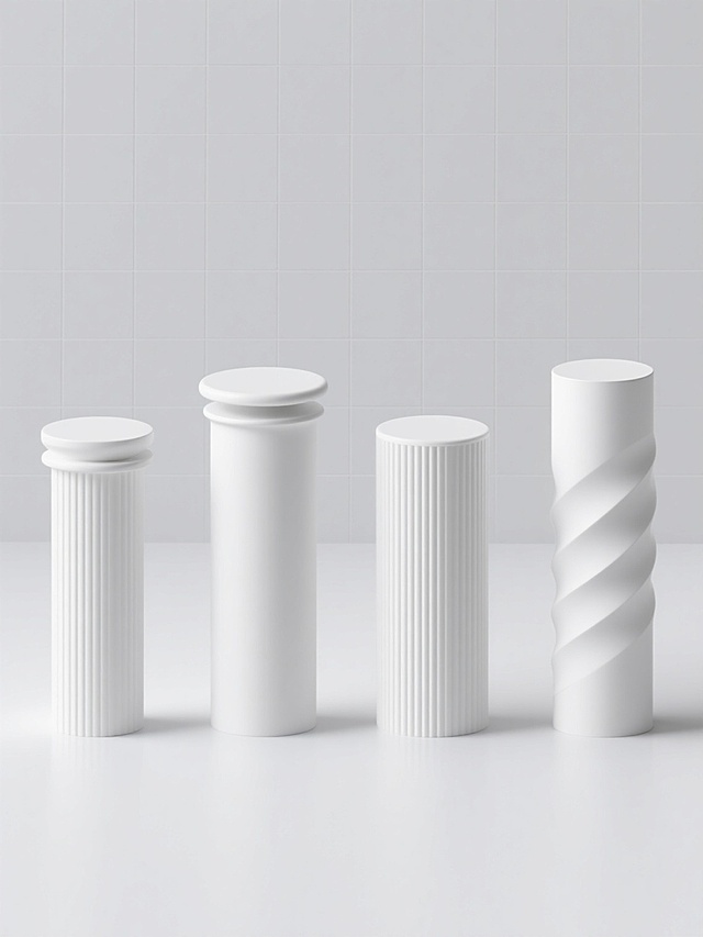 极简主义风格的3D渲染图像，展示四个完全不同造型的白色圆柱元素系列集合，每个圆柱拥有独特的设计细节（如不同的顶部形状、侧面纹理、高度比例或装饰性凹槽），所有圆柱以规整的网格状排布在纯白色纯色背景上，保持柔和均匀的光影效果，平滑的材质质感，清晰的边缘过渡，整体呈现出简洁、现代、统一的设计感。