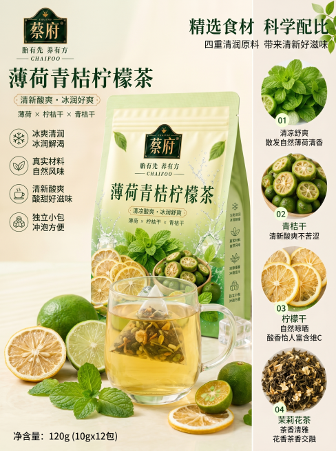 [详情首图] 蔡府薄荷青桔柠檬茶 主海报详情图，展示产品包装和泡好的茶饮，整体清新绿色风格。
[画面主体] 左侧文字信息，中间大尺寸产品包装袋，右侧四个食材原料圆形展示。包装袋上清晰显示产品名称"薄荷预览效果