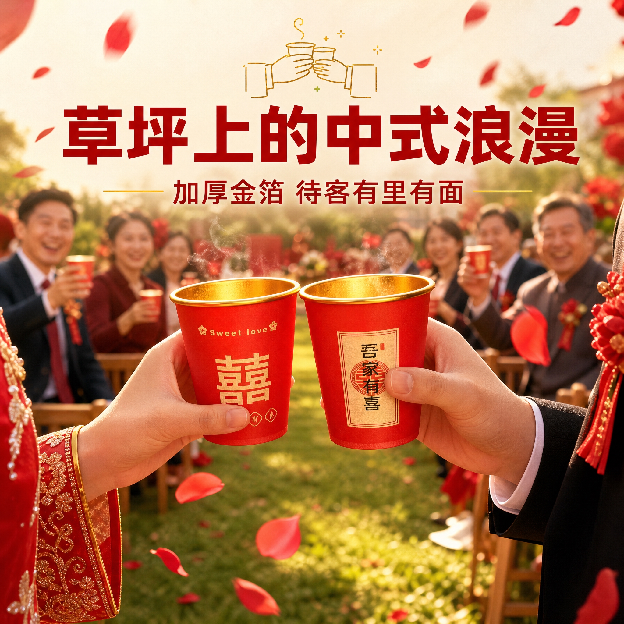 拼多多主图6，正红色加厚金箔一次性纸杯双款组合装（红色喜字款+… - 图片创意预览