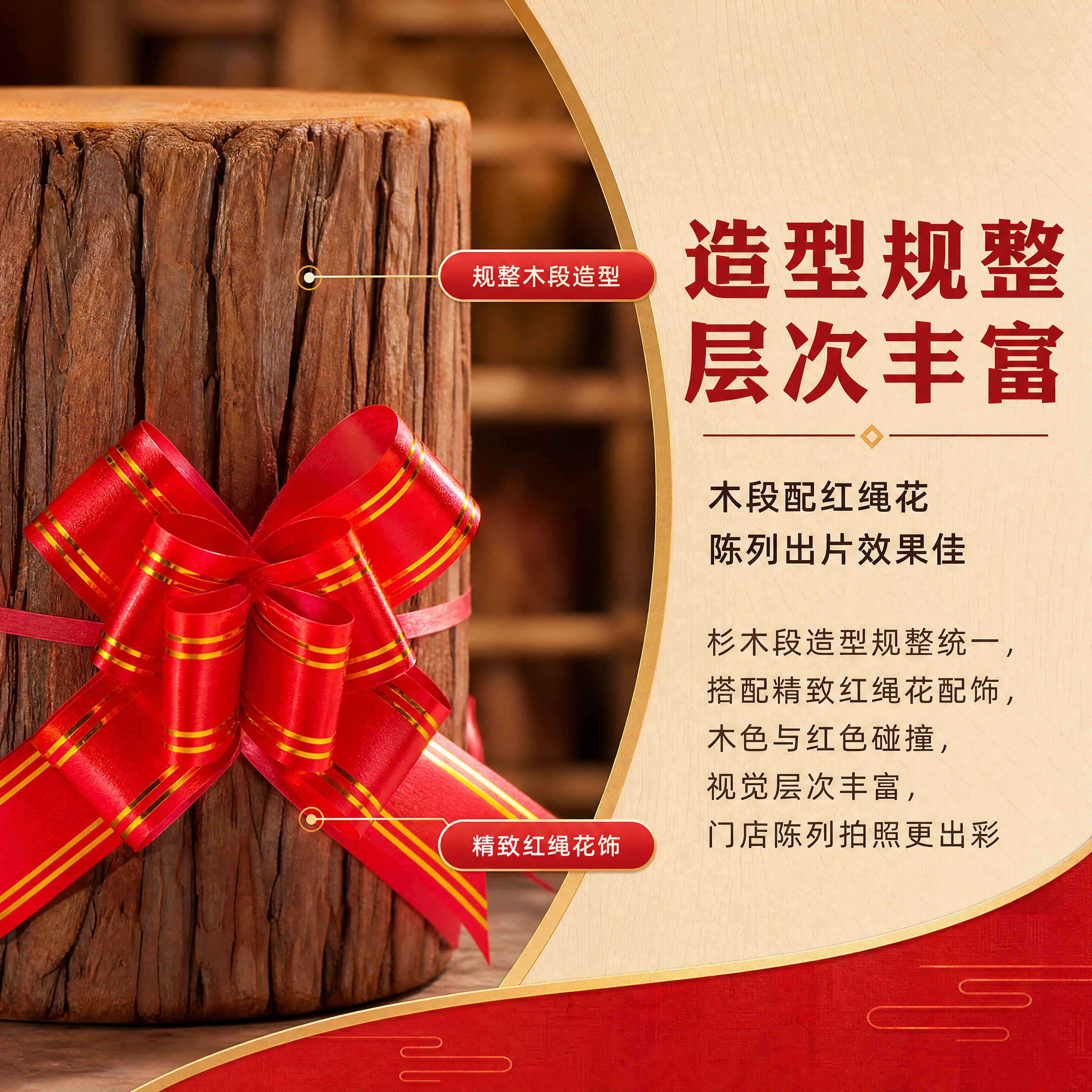 [商品] 使用【图3】杉墩木段红绳花细节特写；保留杉木段树皮纹… - 图片创意预览