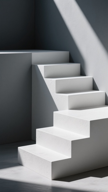 极简主义风格的白色台阶，由多个几何块状白色台阶组成，台阶表面带有细腻的磨砂纹理，柔和的侧上方光线照射在台阶和深灰色背景墙上，形成清晰锐利的光影交错效果，光线在台阶侧面和背景墙上投射出明显的阴影线条，整体画面呈现出宁静、简约、现代的氛围，具有强烈的立体感和空间层次，色调以白色台阶与深灰色背景形成鲜明对比，光影关系明确，质感细腻。预览效果