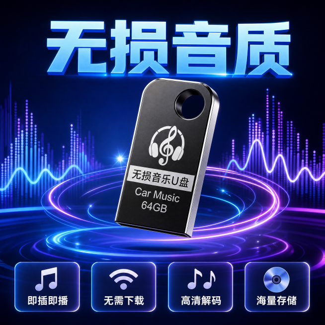 [主图-3] 无损音质卖点展示主图。
[氛围风格] 高品质数码音频质感，科技氛围感，色彩鲜艳突出。
[画质] C4D超写实产品渲染，Octane渲染，物理级质感，产品边缘清晰，材质可信，文字可读。
[预览效果