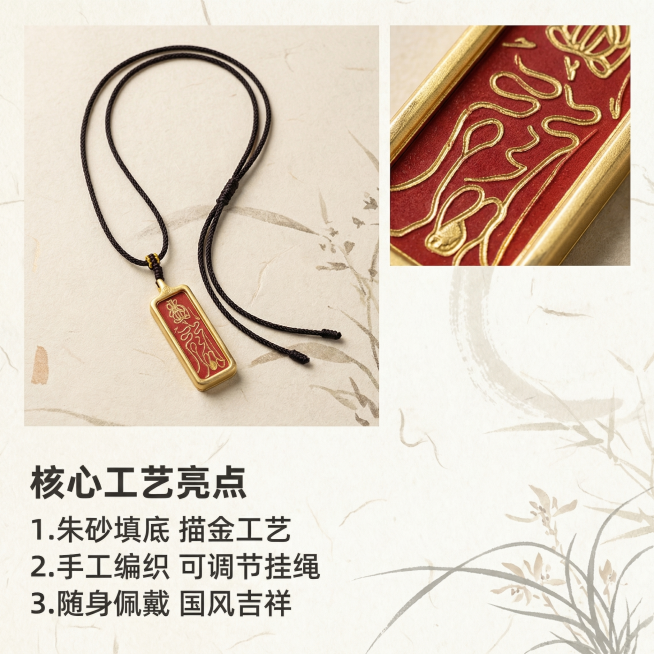 [主图 2] 核心亮点展示，保留原有吊坠外观细节
[氛围/风格] 专业细节展示风，国风质感，清晰通透
[画面元素] 吊坠主体保持原样（金色框+红底描金符文+黑绳），采用主产品+细节放大拼图设计，左侧放预览效果