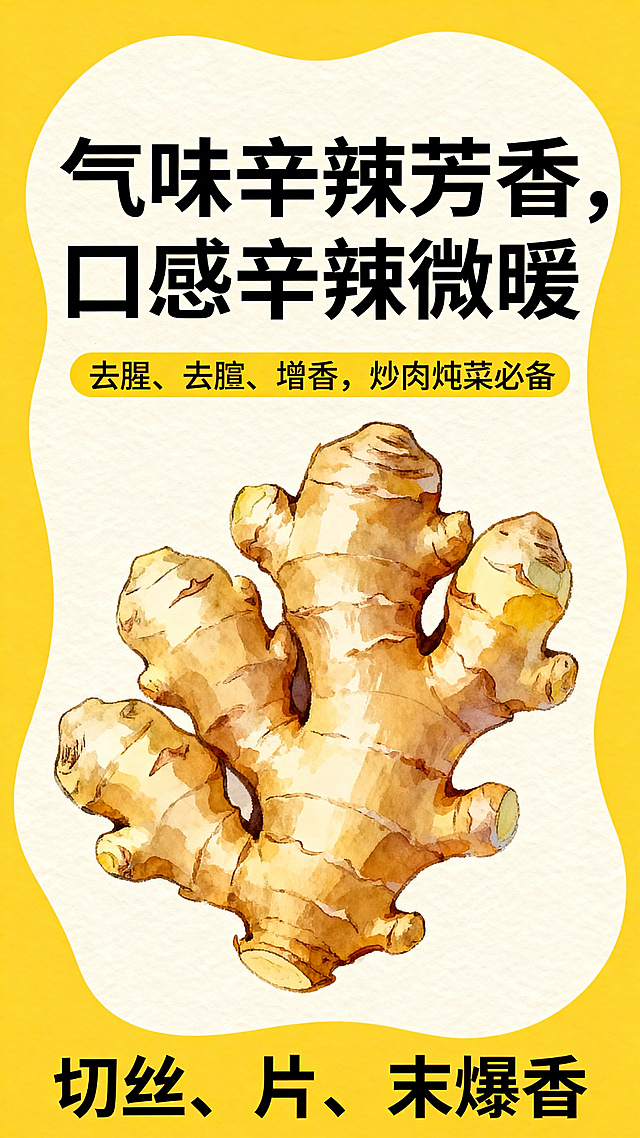 异形不规则设计的生姜促销宣传图，主色调为黄色和浅白色，融合手绘风格与软糯元素。画面核心是完整的手绘风格生姜，细节丰富。包含文字信息：创意文字"气味辛辣芳香，口感辛辣微暖"，搭配文字"去腥、去膻、增香，炒肉炖菜必备"，下方文字"切丝、片、末爆香"。整体为简约竖版造型，突出生姜的软糯口感与颜值优势，适合蔬菜电商线下线上宣传。