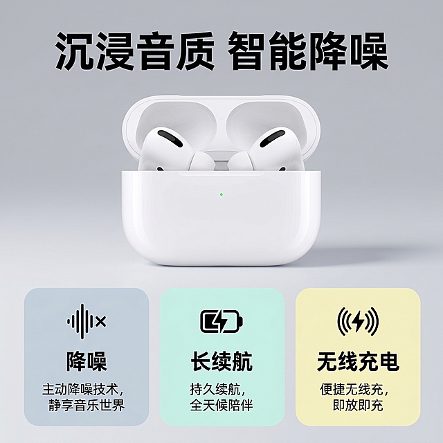 [主图-2]真无线蓝牙耳机核心功能展示
[氛围风格]现代科技简约风，品质质感
[画质]商业摄影质感，光线柔和通透，产品清晰真实，画面干净高级
[元素]白色开盖蓝牙耳机放置在画面偏上方，保持产品外观和结构与输入图完全一致，无变形色差。下方使用Bento栅格风格排列三个功能卖点卡片，分别展示降噪、长续航、无线充电三个核心功能，每个卡片配有功能图标和短说明。使用浅灰色渐变背景，整体干净简洁，信息层级清晰
[光影]正面均匀布光，产品阴影柔和，卡片之间明暗清晰，信息可读性强
[配色]主色调白色+浅灰，每个卖点卡片使用不同浅色调做区分，整体清爽协调
[视角构图]平视中心构图，产品在上，功能卡片在下，整体构图稳定
[文字版式]顶部主标题写“沉浸音质 智能降噪”，粗体大字居中；每个功能卡片标题加粗，说明文字缩小，字体颜色对比清晰，不遮挡产品主体
[比例分辨率]1:1比例，2048px*2048px 2K分辨率，文字清晰可辨，超高清
[负向提示词]变形，水印，文字错乱，产品图模糊，背景杂乱，遮挡主体