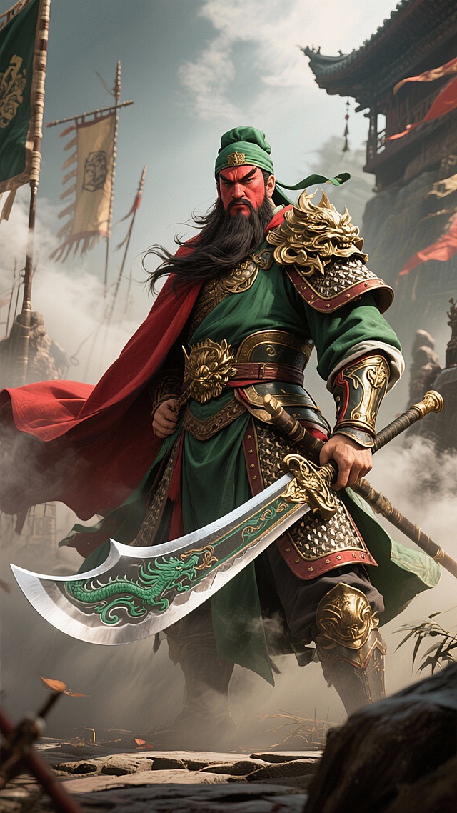 中式古典风，3D重拟物渲染，鎏金铠甲与龙纹大刀彰显热血与严峻，油画质感增强故事氛围，体积感十足的战将立于古战场，尽显英雄气概。