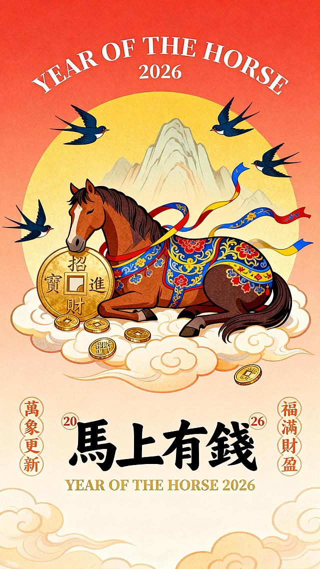 纯扁平风，国潮风描边插画，极繁，丰富细节的国潮插画，扁平插画，正红红渐变浅橙底色，搭配祥云。画面主体为金色圆形构图，中央是棕深棕骏马，马身装饰蓝红黄传统缠枝花纹样，缠绕飘带，马卧在祥云上，马头靠在一个大钱币上，马周围环绕铜币，两只深蓝色燕子环绕马，圆形背景为暖黄色渐变，衬以浅金山峦。文案排版为：顶部居中一行白色字「YEAR OF THE HORSE 2026」；圆形下方主标题为一行黑加粗书法字体「馬上有錢」，“馬”字左上角有小小的“20”，“錢”字右上角有小小的“26”；主标题下方叠印浅金细「2026 YEAR OF THE HORSE 」；标题左右两侧竖排浅橙色小字，左侧「萬象更新」、右侧「福滿財盈」；马身旁铜钱旁点缀迷你烫金字体「招財進寶」。